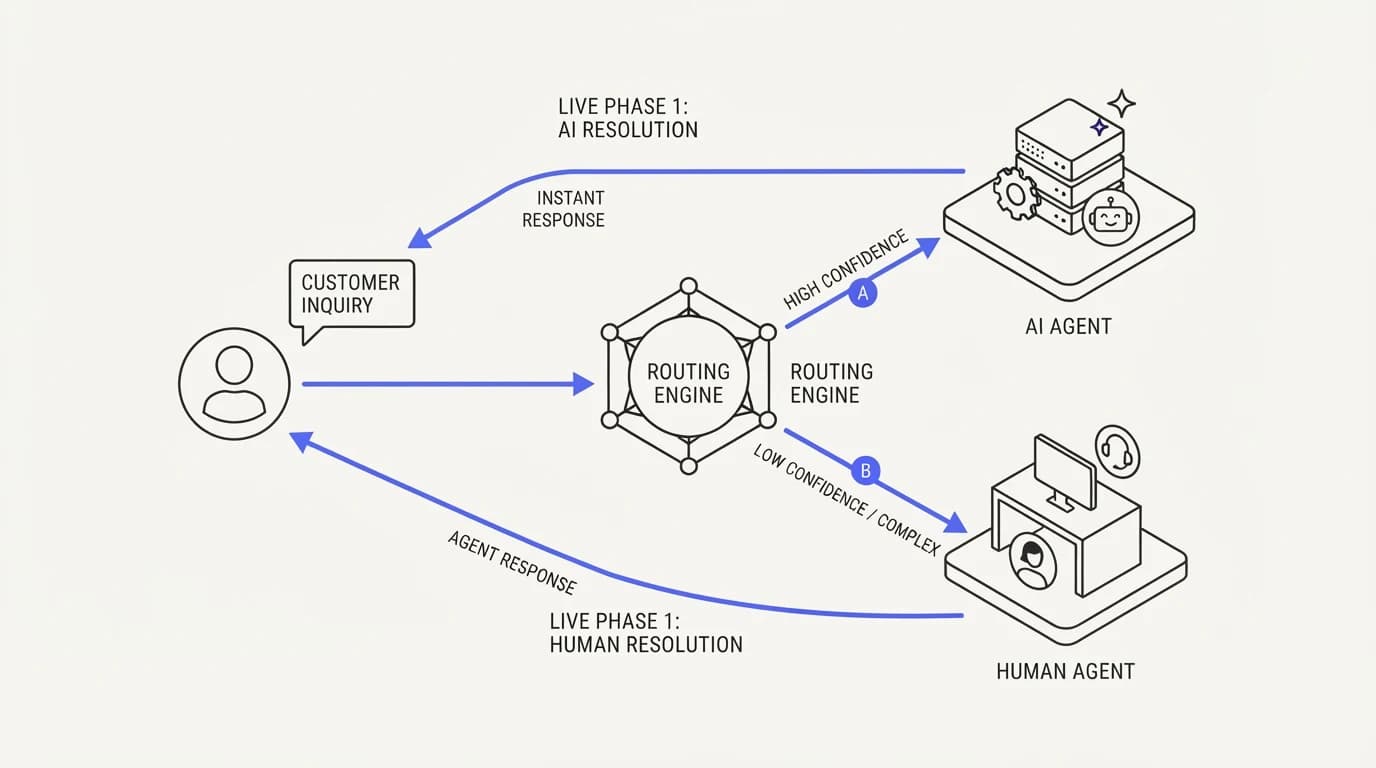 An AI agent handling a narrow set of high confidence topics live while everything else routes to a human during the first
