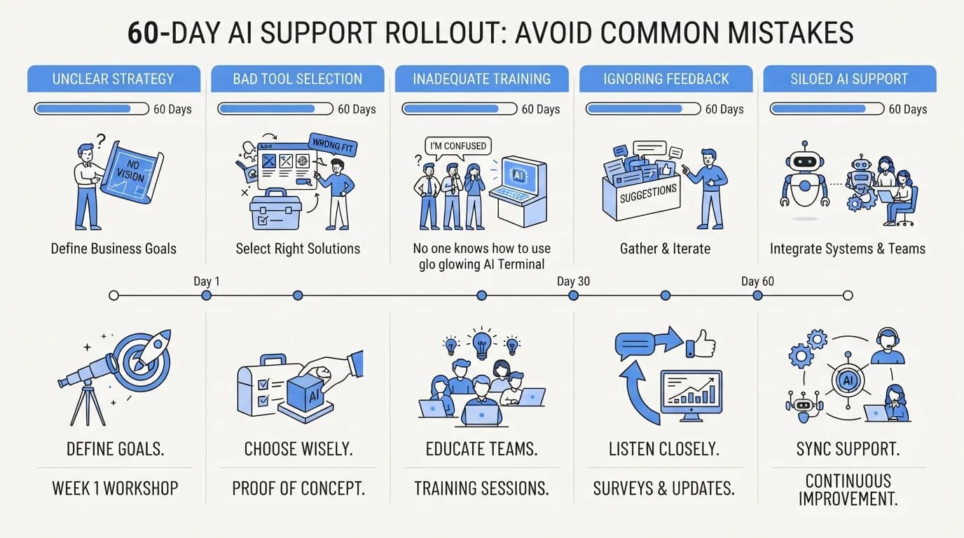 Checklist graphic summarizing the five most common AI support rollout mistakes and their fixes across a 60 day change