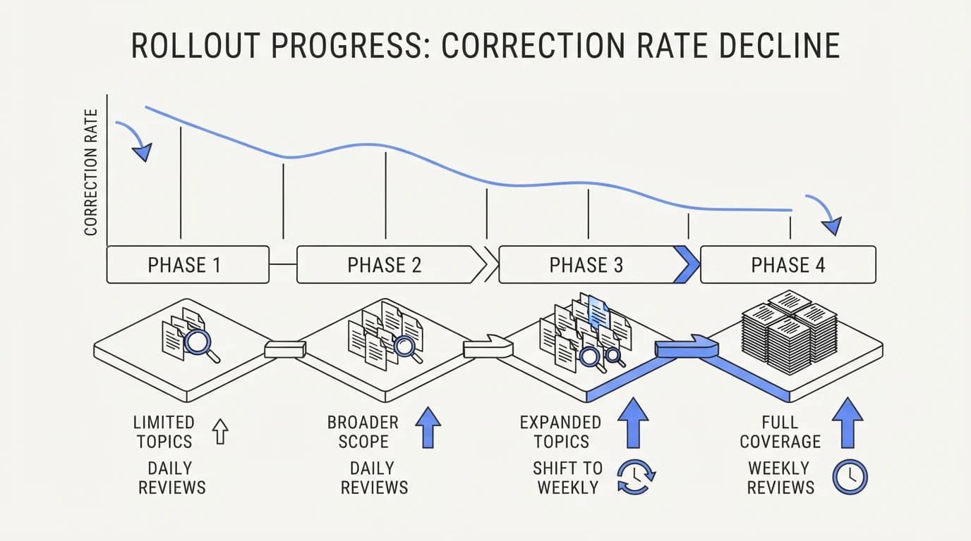 Correction rate declining across the four rollout phases as topic coverage expands and review cadence shifts from daily to