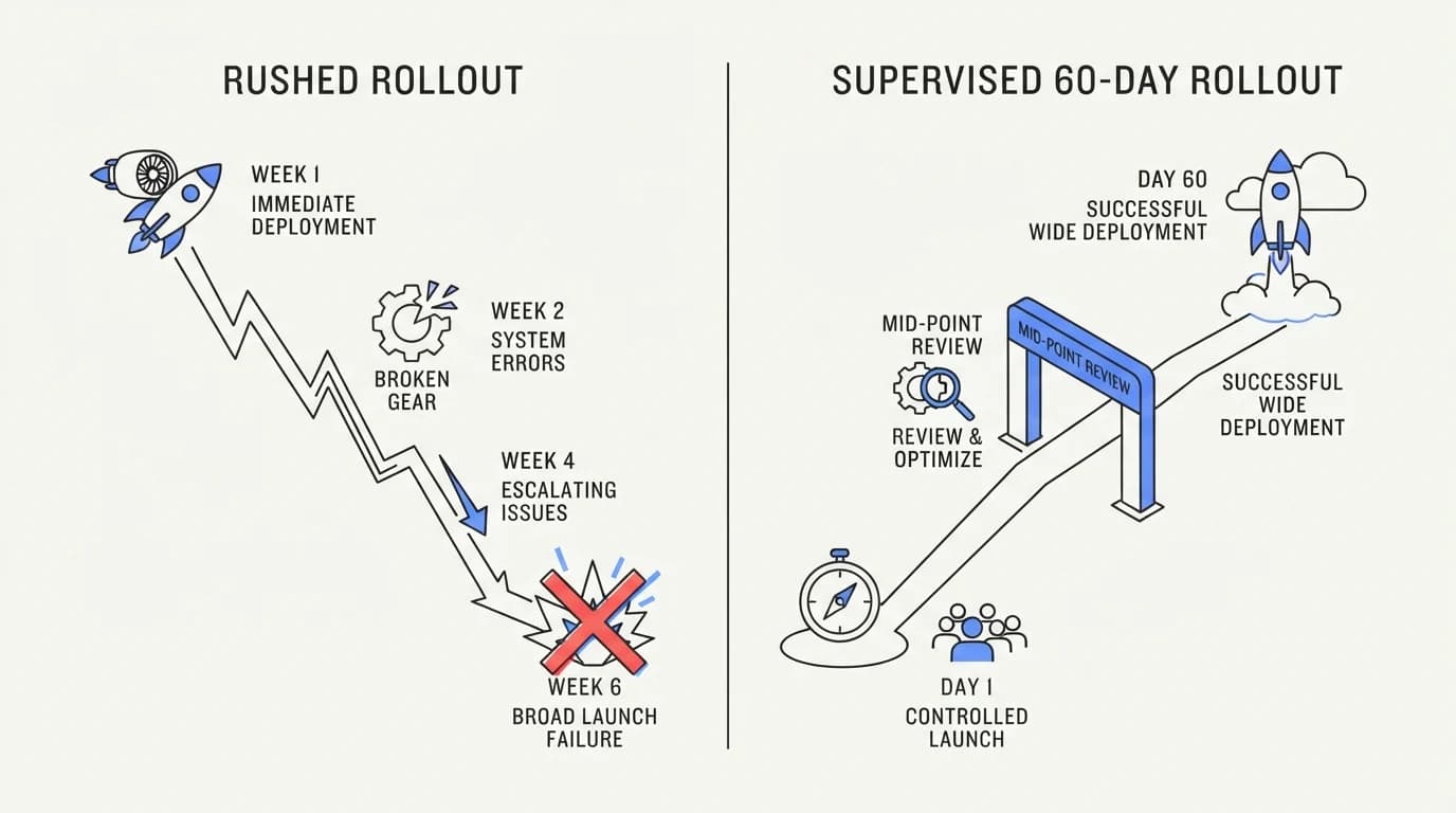 Timeline graphic contrasting a rushed AI support rollout with a supervised 60 day rollout that includes a review checkpoint