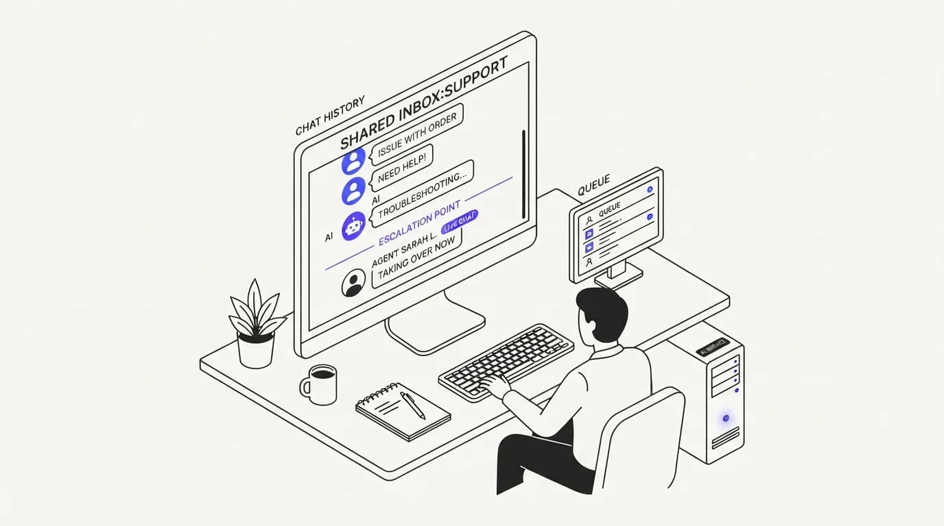 An AI agent escalating a conversation to a human agent inside a shared inbox with a visible history