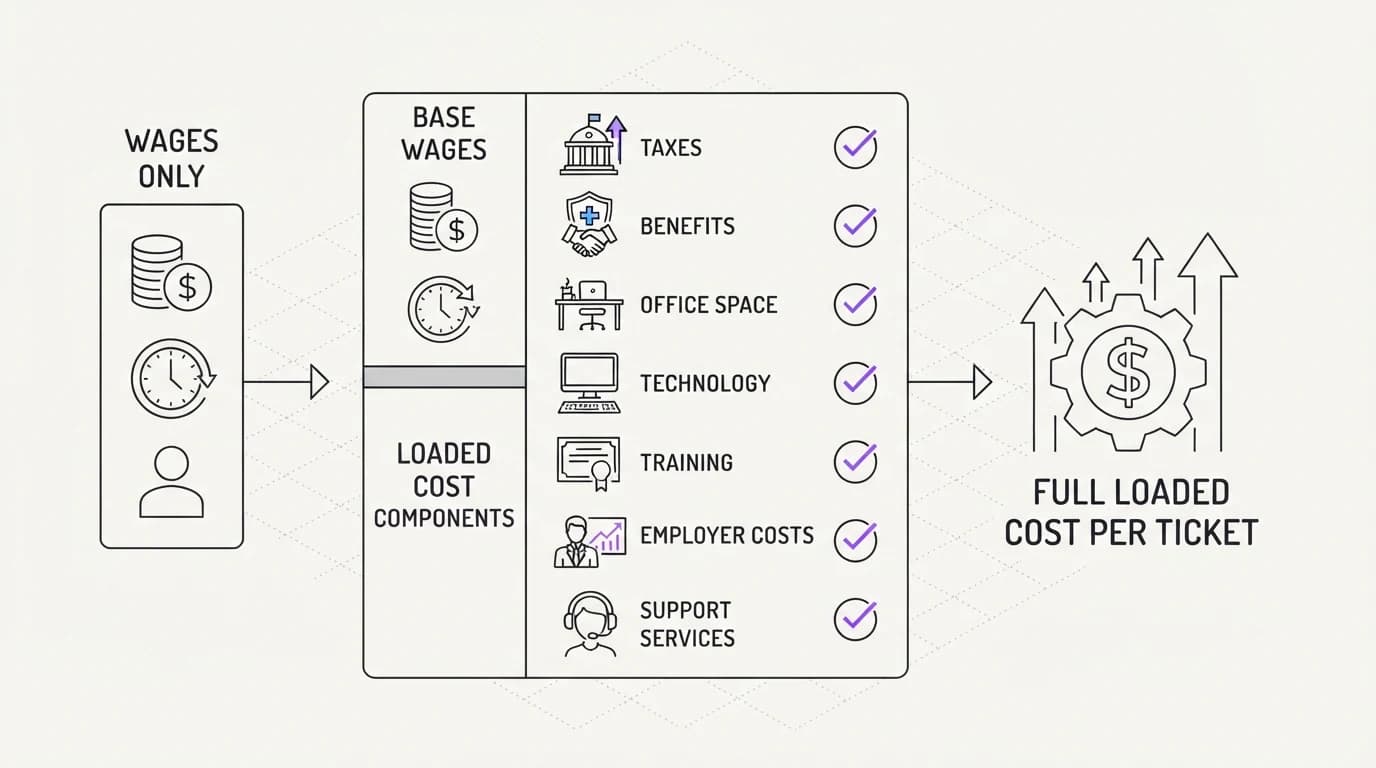 Checklist of cost components separating a full loaded cost per ticket figure from a wages-only figure