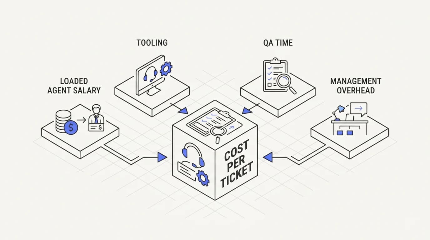 Loaded agent salary, tooling, QA time, and management overhead combining into one cost per ticket figure