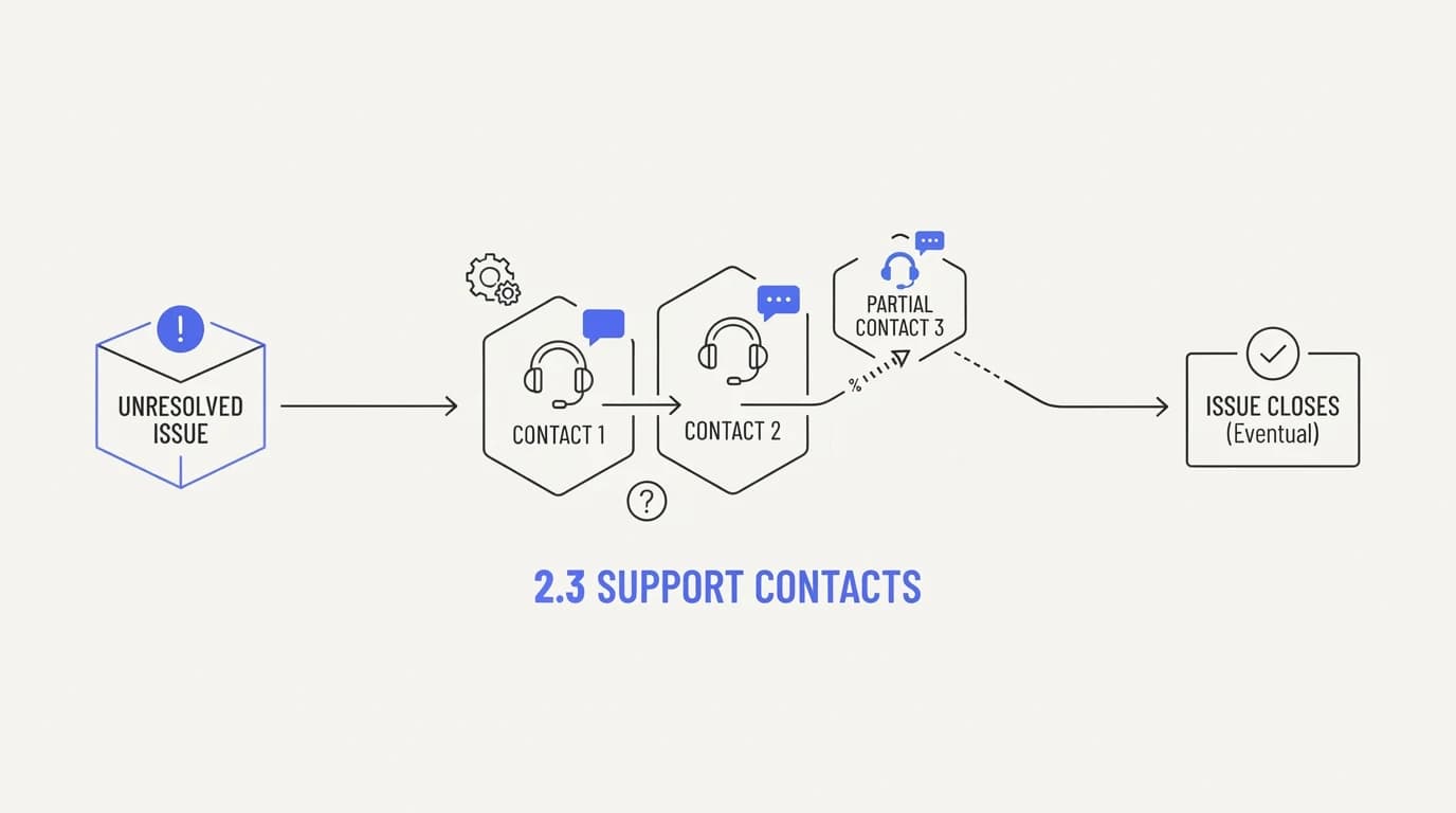 One unresolved issue generating 2.3 separate support contacts before it closes