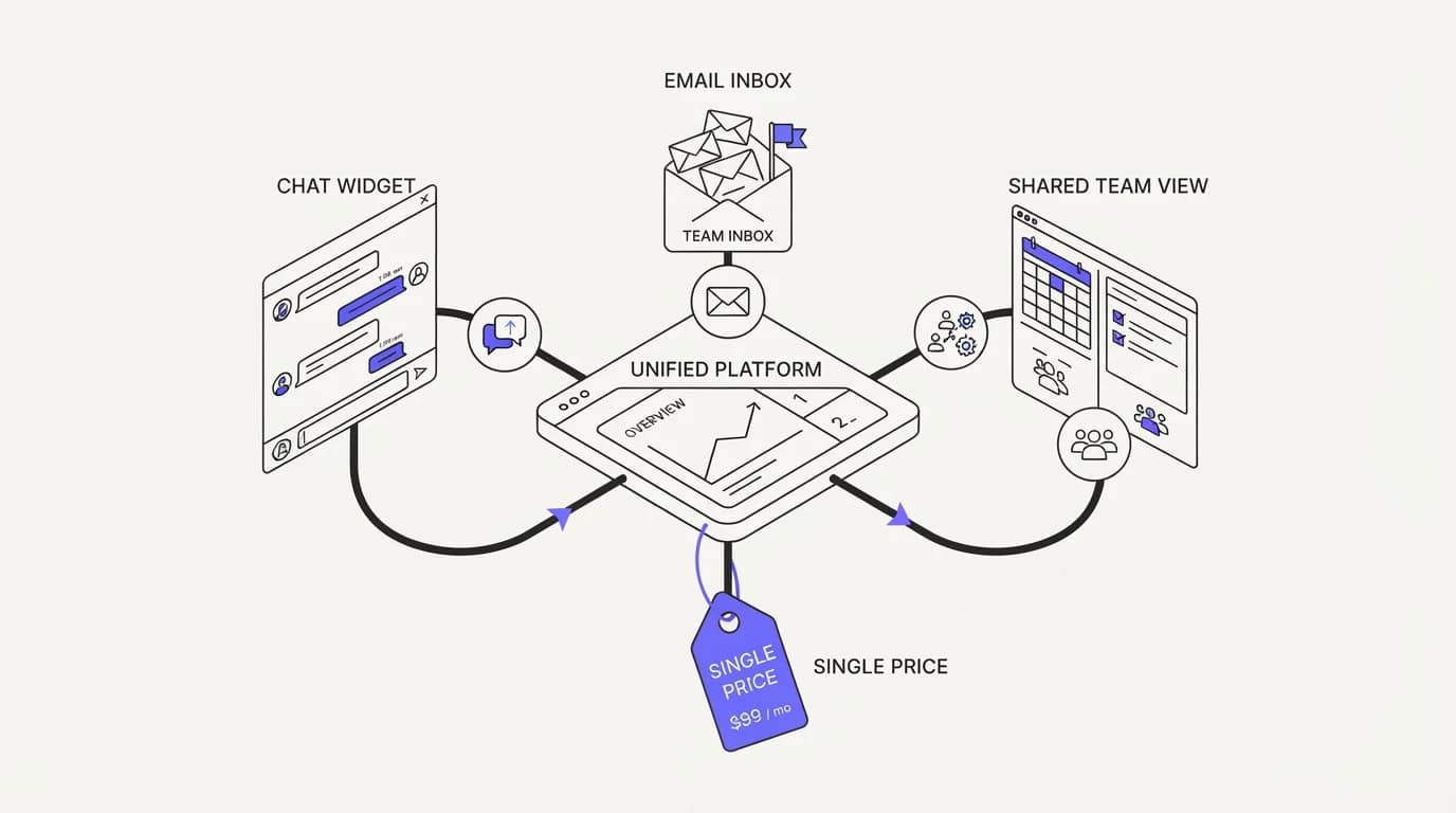 One dashboard connecting a chat widget, email inbox, and shared team view under a single price tag