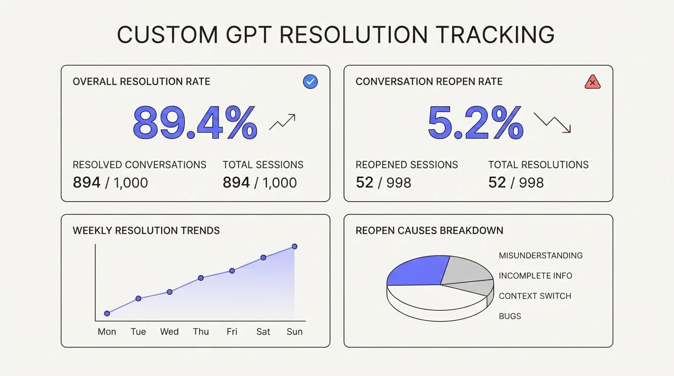 Dashboard mockup showing resolution rate and reopen tracking that a Custom GPT does not natively provide