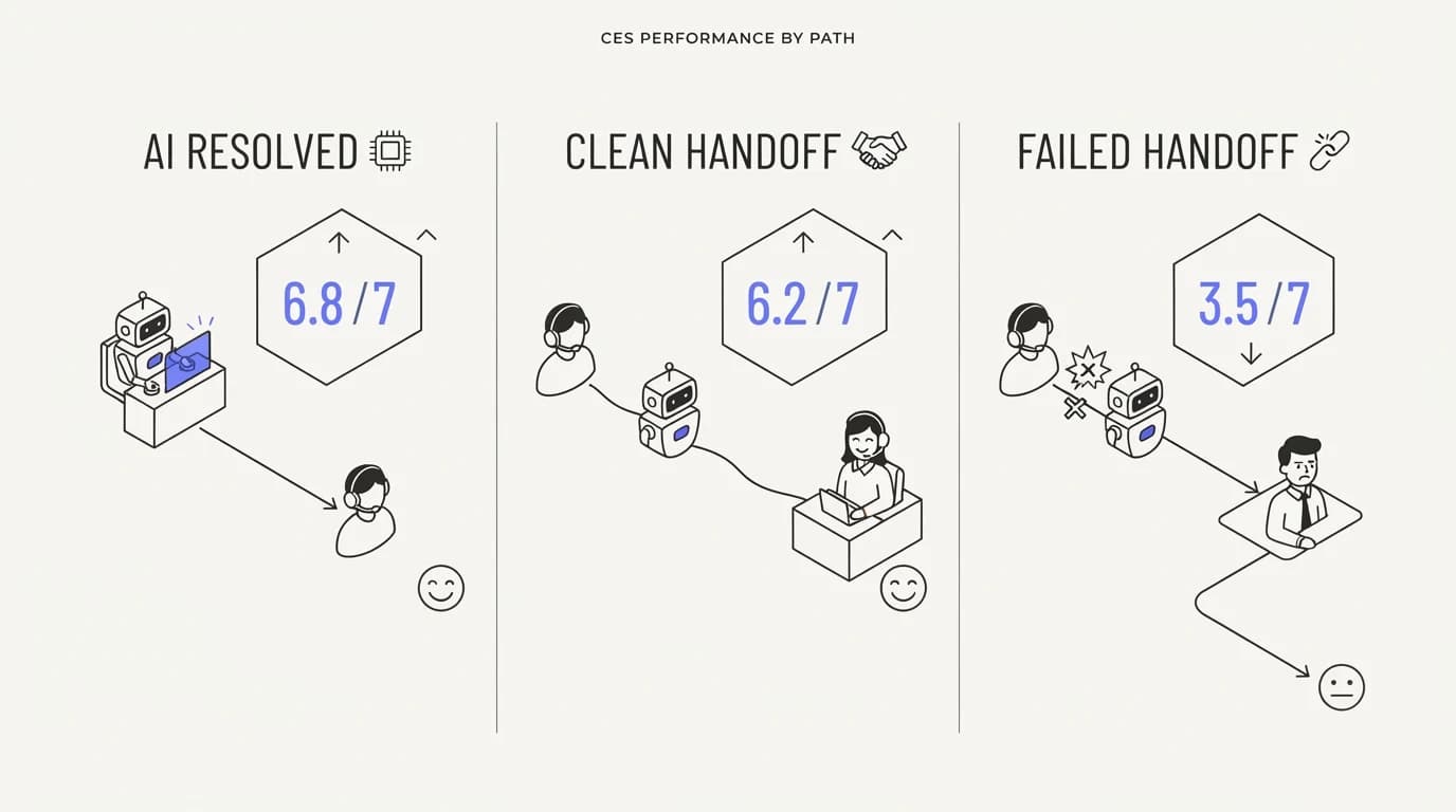 CES scores split by resolution path, showing AI-resolved, clean handoff, and failed-attempt-then-handoff categories