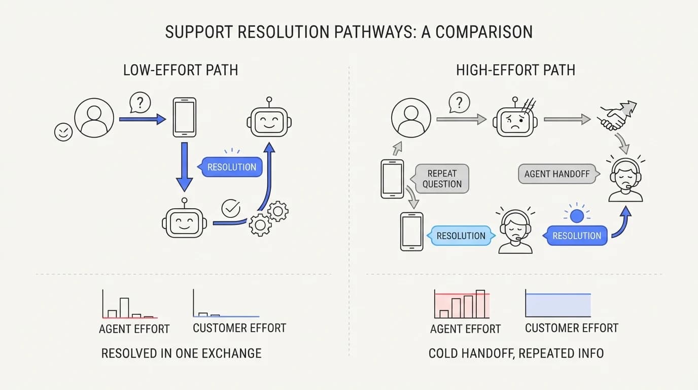 A low-effort path where an AI agent resolves a question in one exchange, next to a high-effort path with a cold handoff and