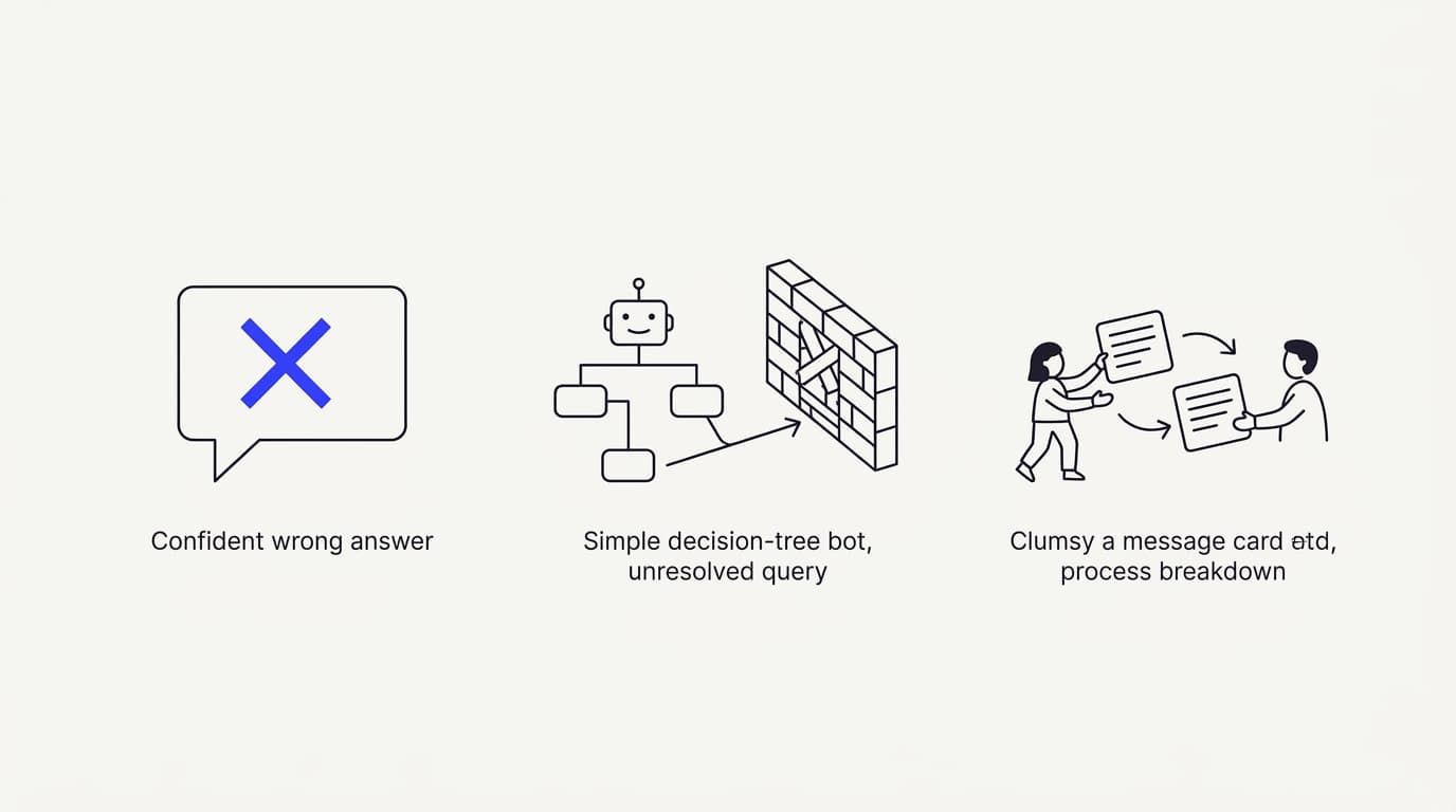 Line-art illustration of automation failure modes: a confident wrong answer, a dead-end bot, and a customer forced to repeat themselves