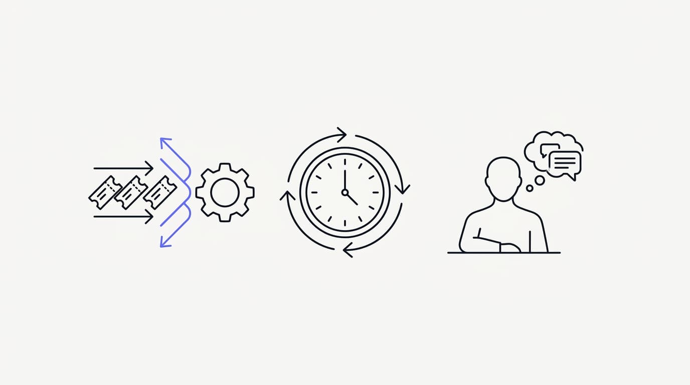 Line-art diagram showing automation deflecting repetitive questions, answering instantly around the clock, and freeing human agents