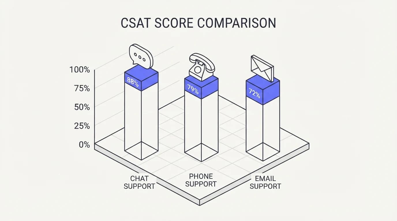 Bar chart comparing CSAT scores across chat, phone, and email support channels