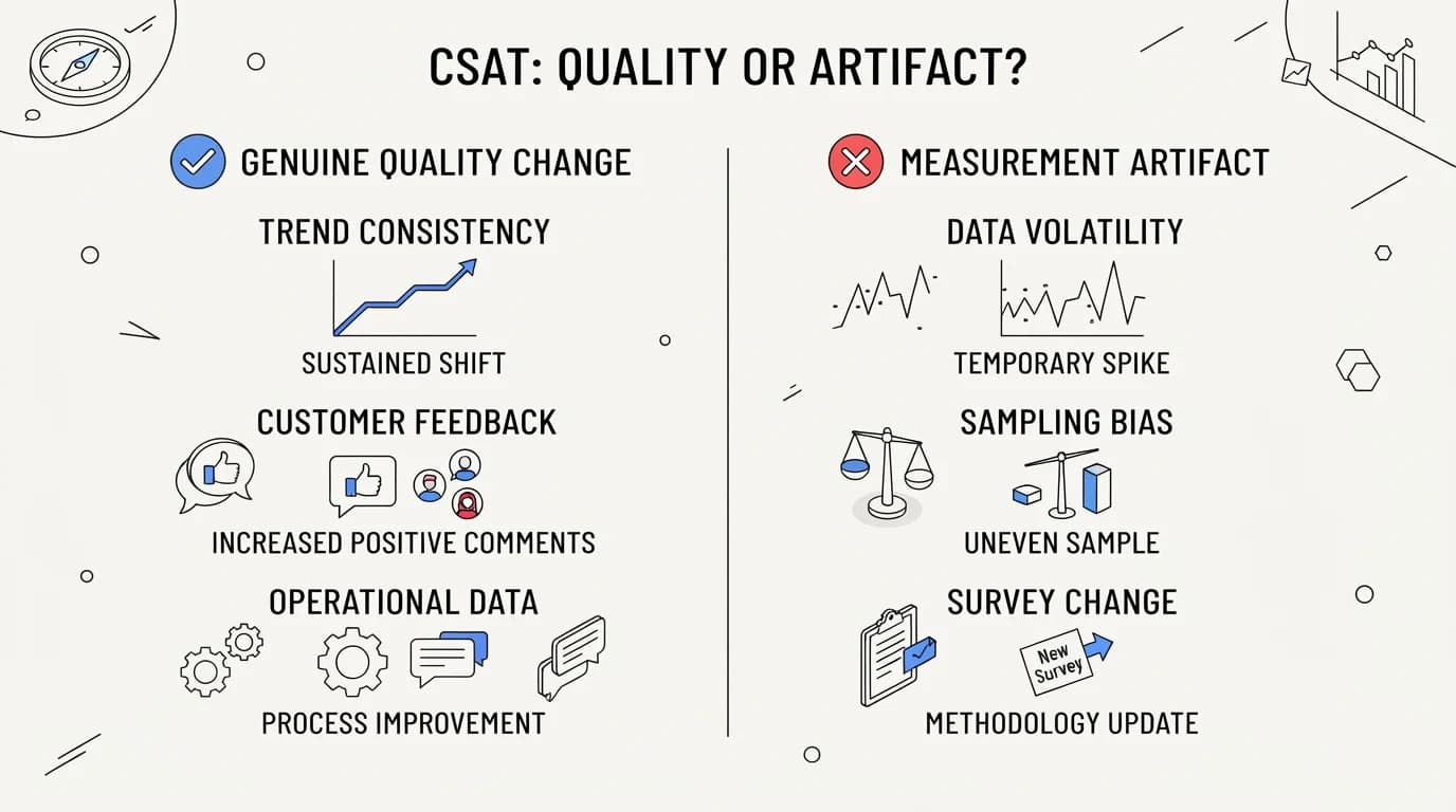 Checklist distinguishing a genuine CSAT quality change from a measurement artifact