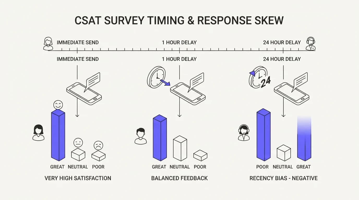 A CSAT survey sent at different delays after a support conversation with the response skewing at each point