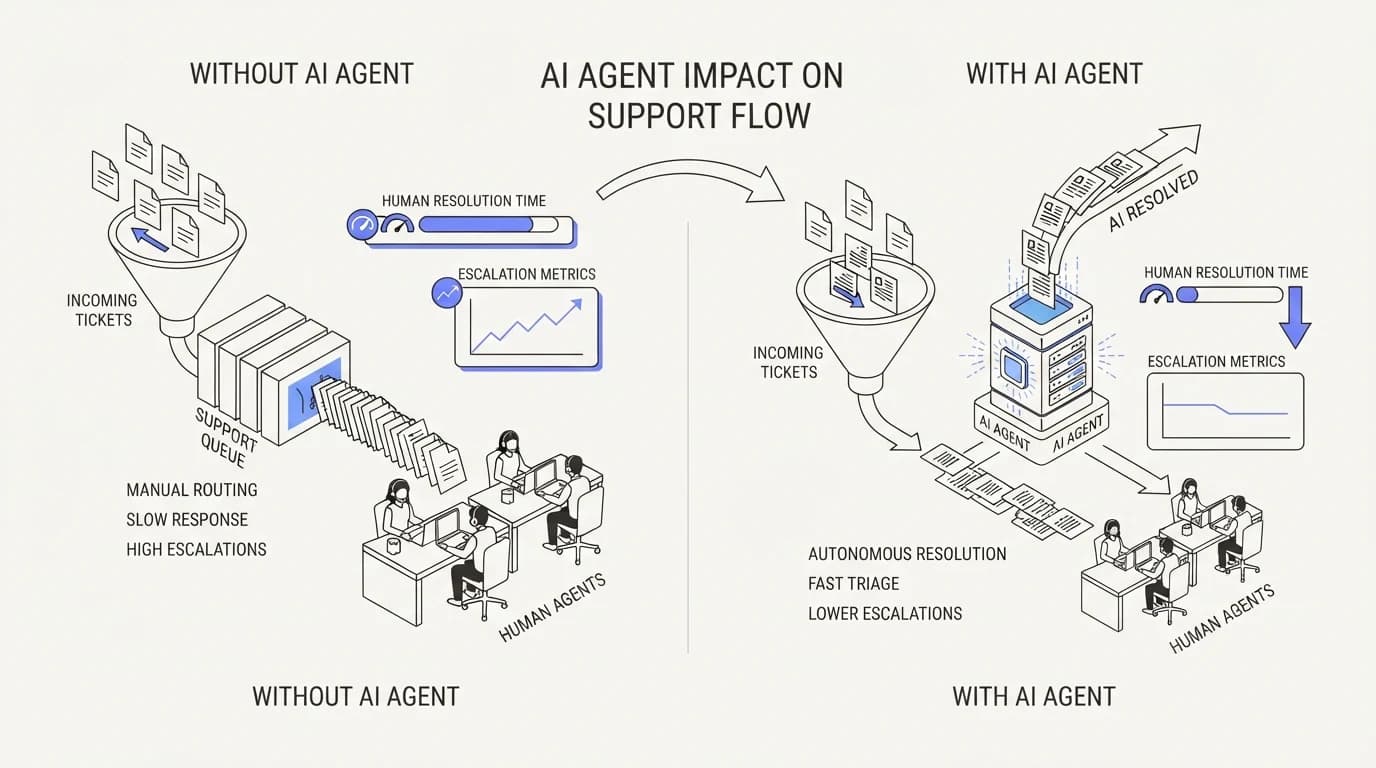 An AI agent shifting which tickets reach human resolution time and escalation metrics
