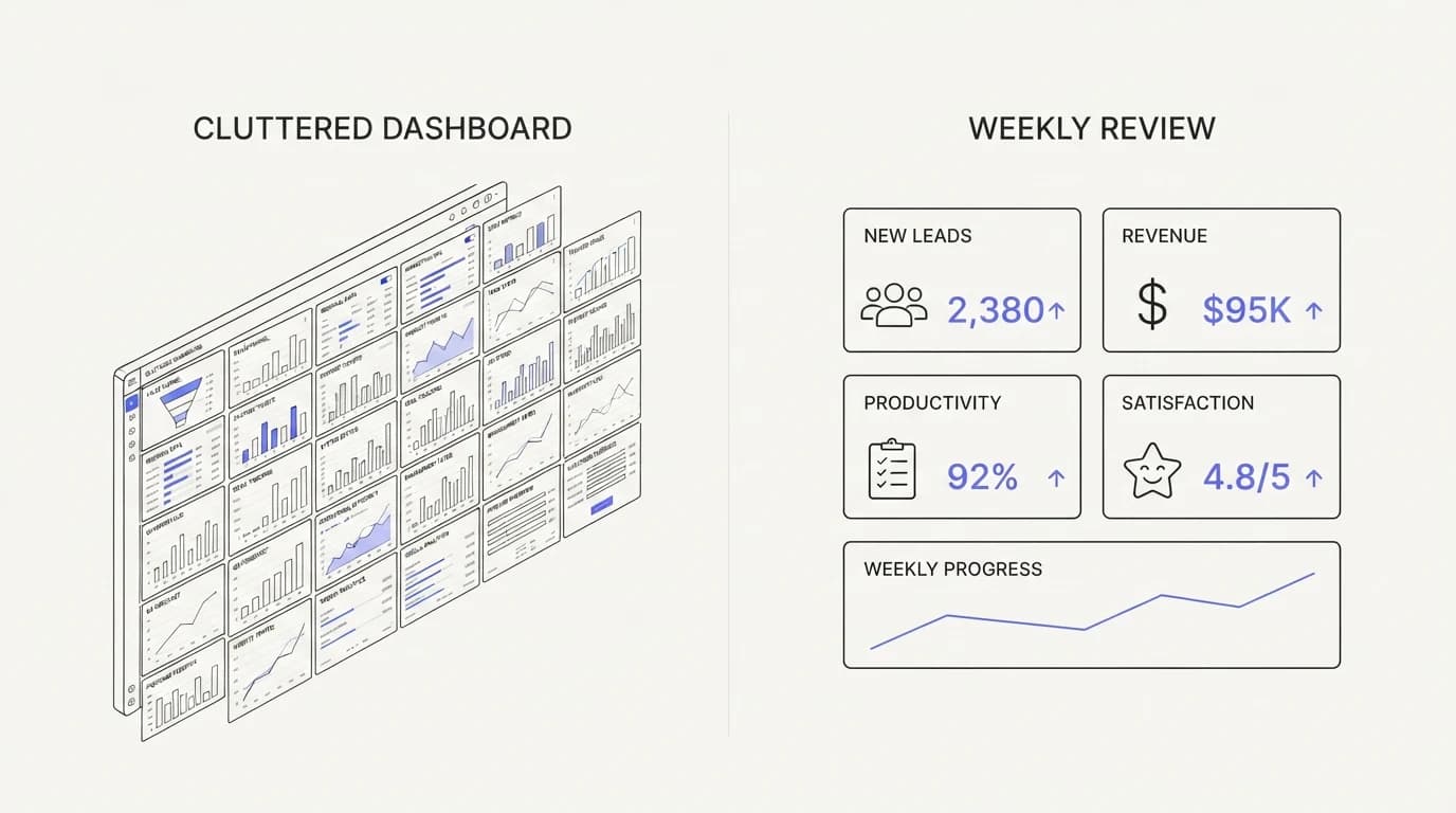 A cluttered twenty-row dashboard next to a focused four-KPI weekly review