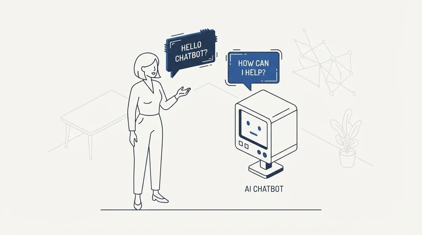 Figure speaking to a rigid box-shaped chatbot with flat, mechanical speech bubbles