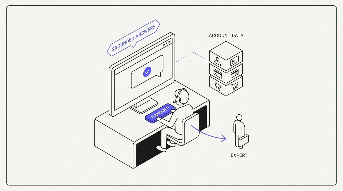 A well-designed support agent with grounded answers, a visible handoff button, and connected account data