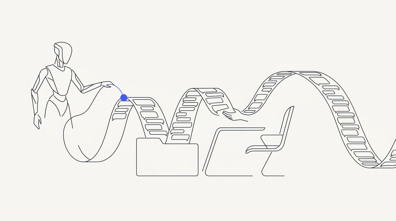 Line-art illustration of an AI agent passing a conversation to a human in a shared inbox with full context preserved