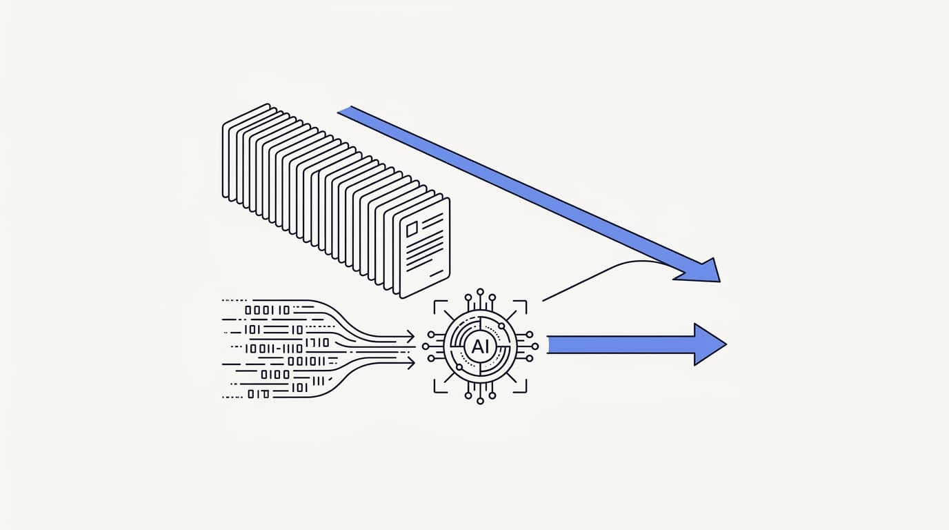 Line-art diagram of an AI agent answering a repeat customer question instantly the moment it arrives, bypassing the queue