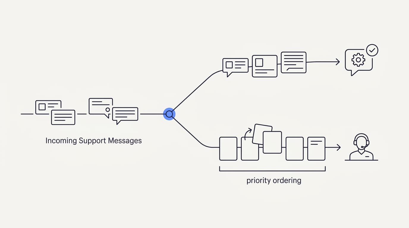 Line-art diagram of incoming support messages being sorted, with routine questions auto-answered and complex ones routed to the right human