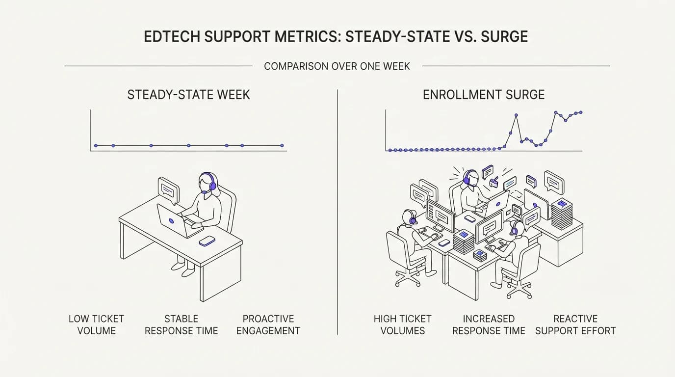Edtech support metrics during a calm steady-state week against an enrollment-week surge