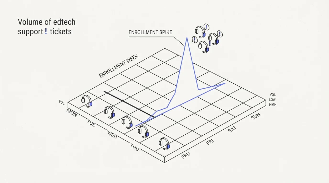 Edtech support ticket volume spiking sharply during enrollment week compared to a flat baseline