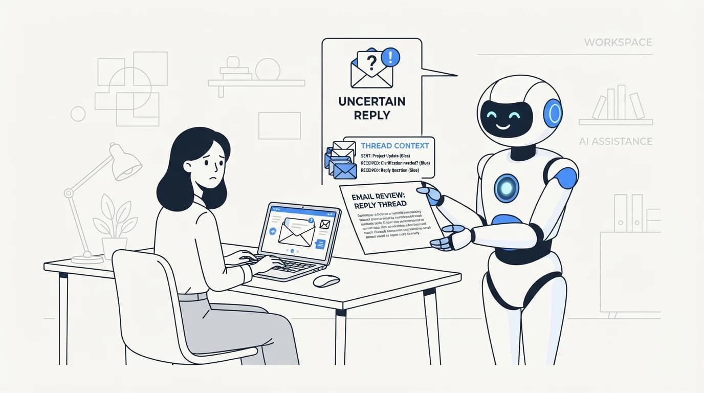 An AI agent flagging an uncertain email reply and handing it to a human with full thread context attached