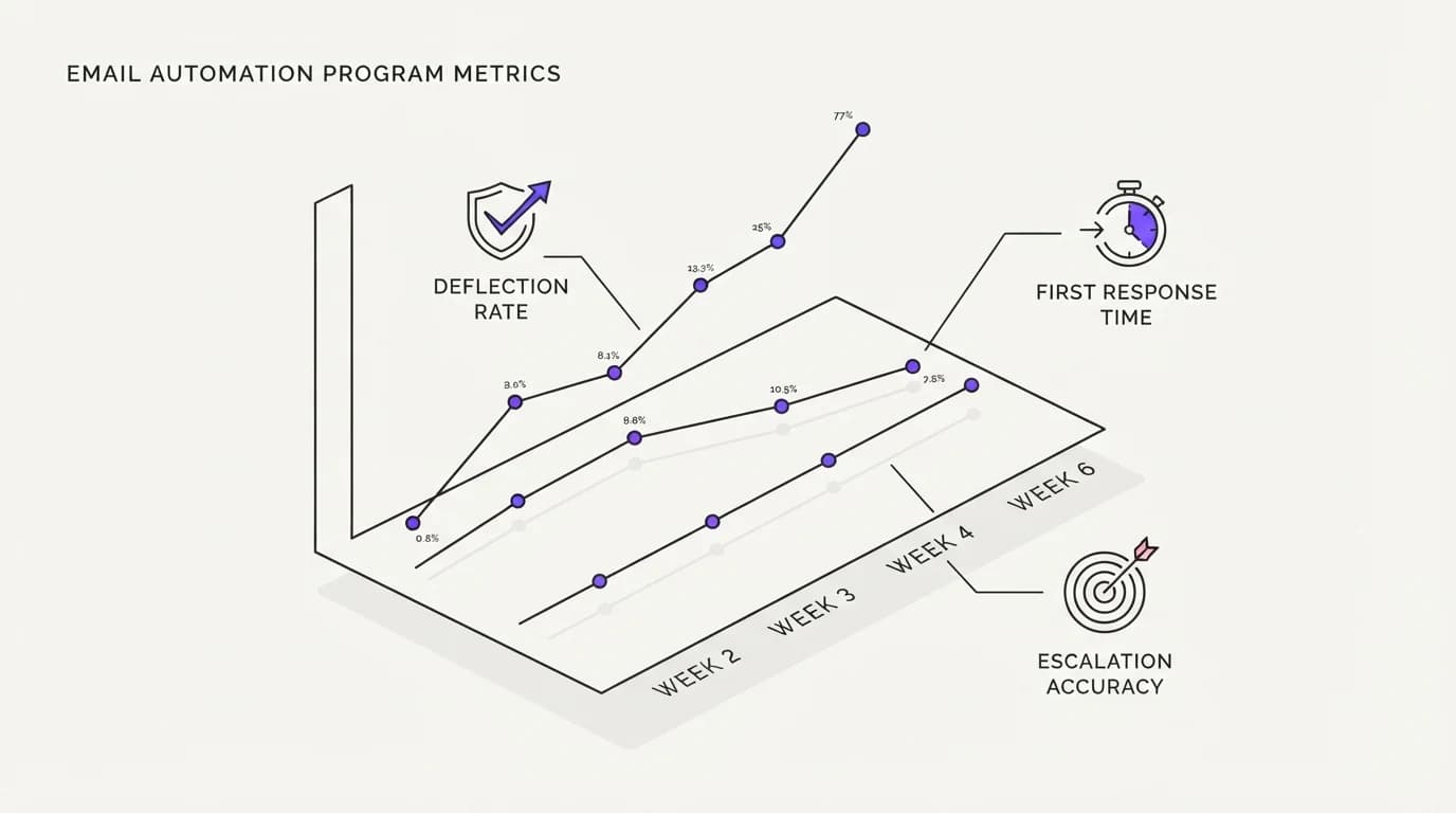 Deflection rate, first response time, and escalation accuracy tracked over weeks for an email automation program