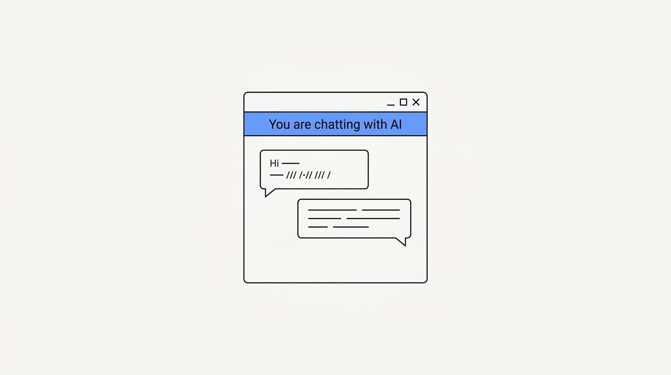 Line-art chat window showing a clear you-are-chatting-with-AI label at the top of a support conversation
