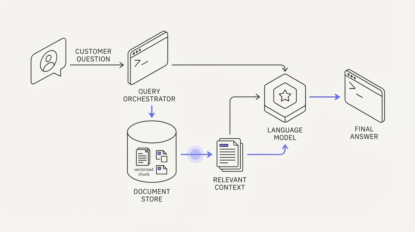 A customer question triggering a retrieval step against a document store before being passed to the model as context