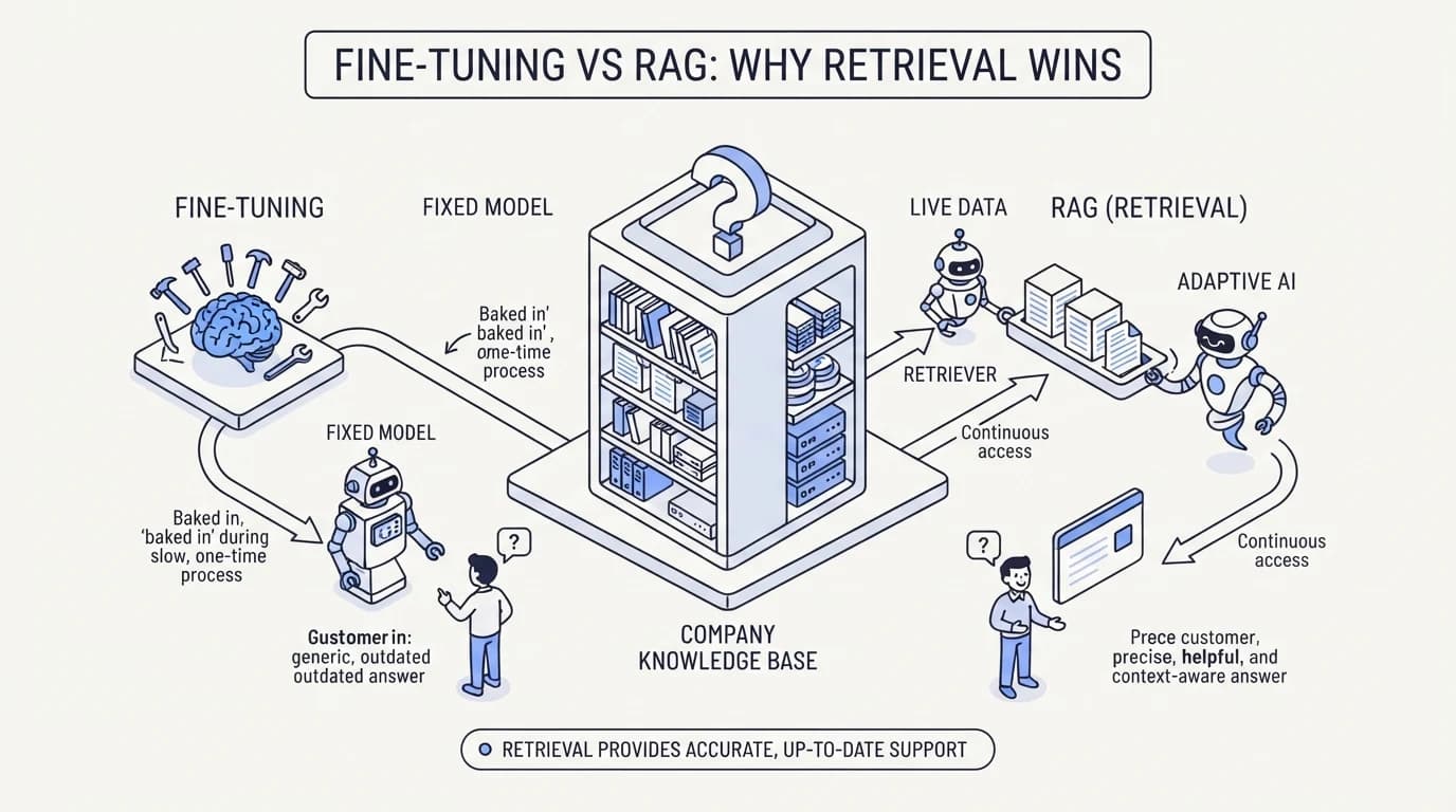 Fine-tuning vs RAG for customer support: why retrieval wins almost every time