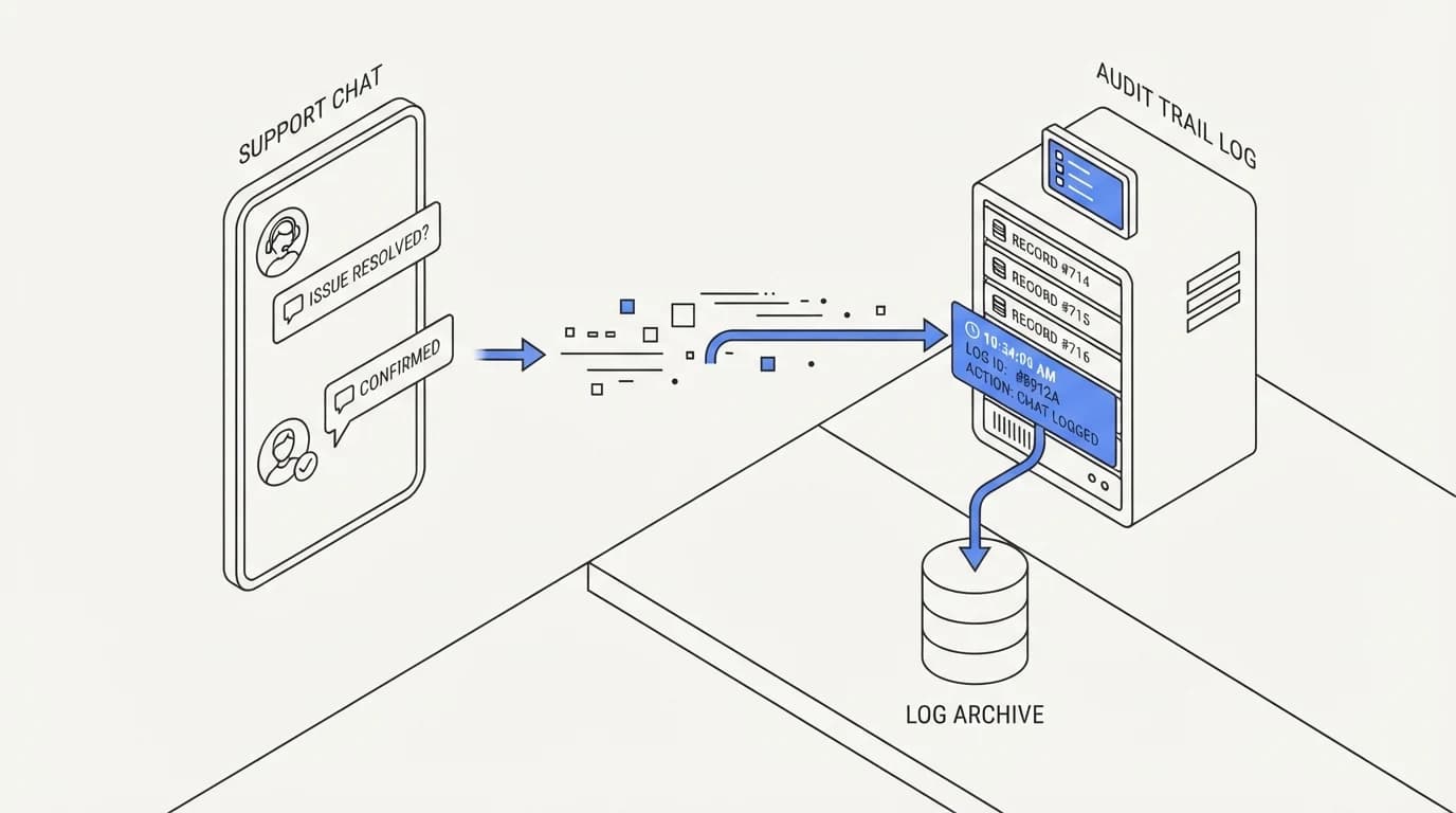 A support conversation being logged into a timestamped audit trail record
