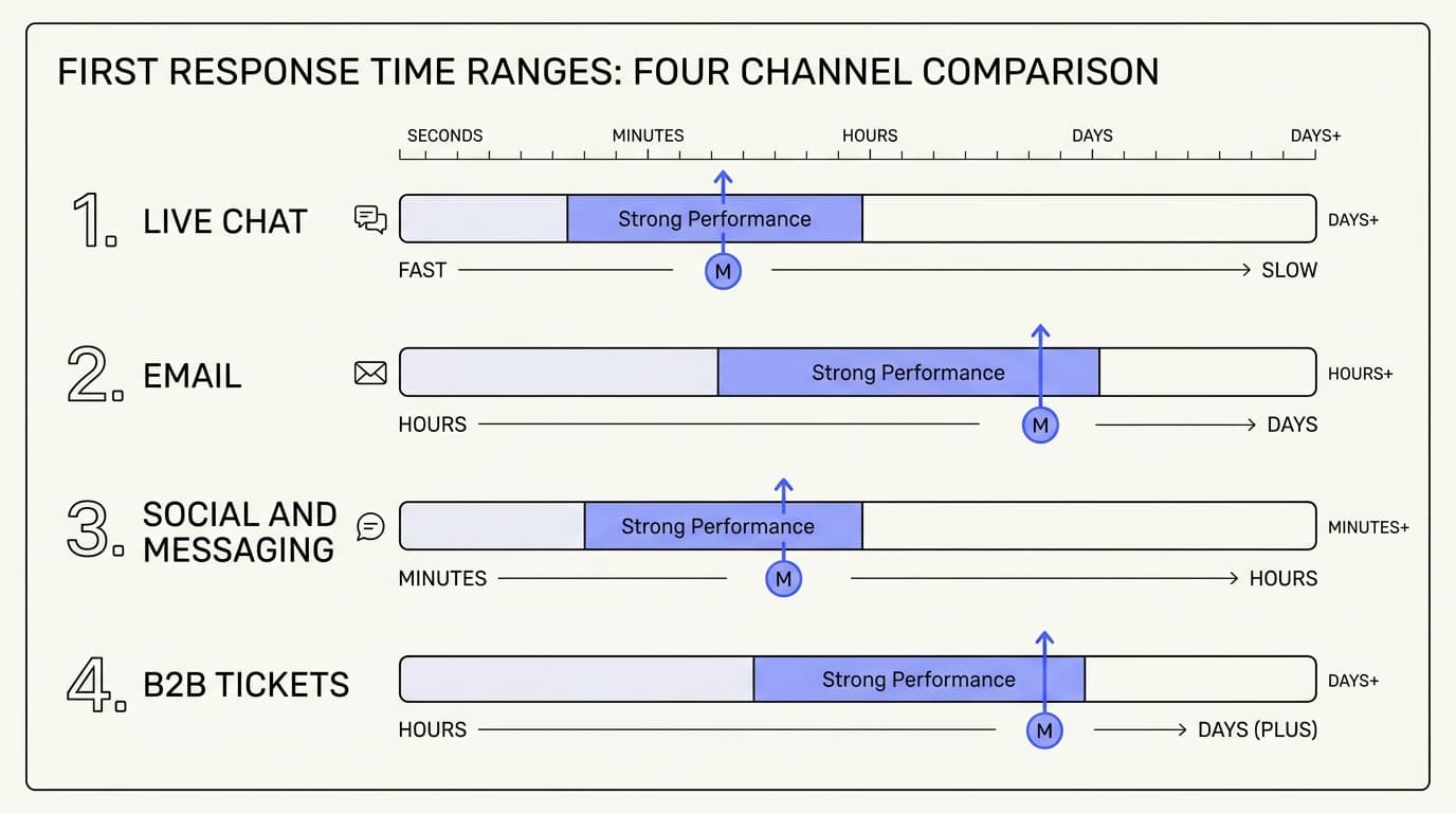 Comparison chart showing first response time benchmark ranges for live chat, email, social, and B2B support channels