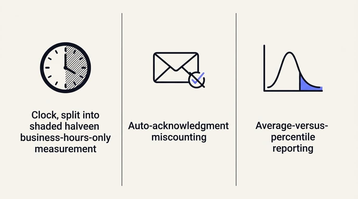 Infographic illustrating three common first response time measurement mistakes and their honest corrections