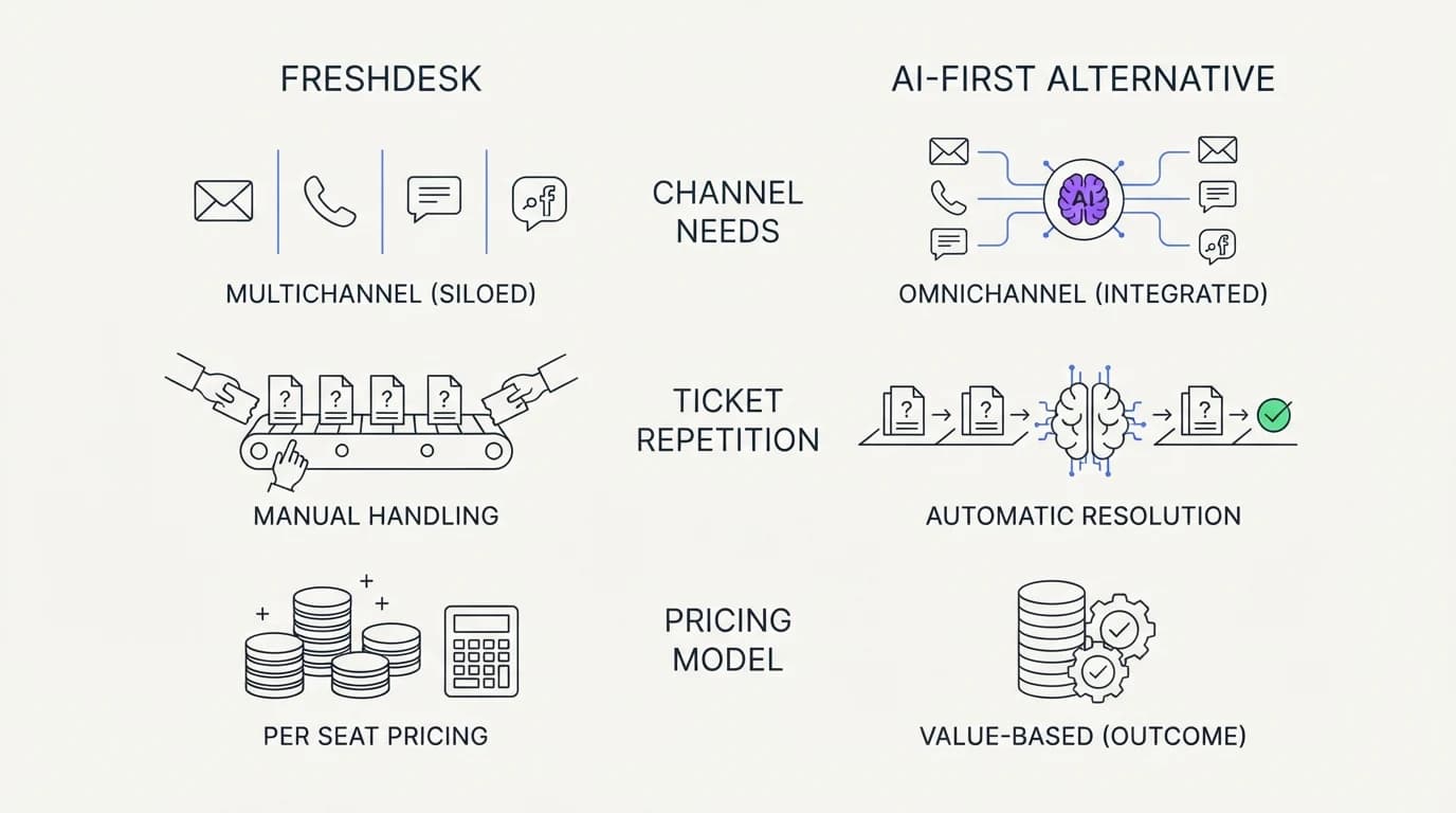 Checklist comparing Freshdesk and an AI-first alternative across channel needs, ticket repetition, and pricing model