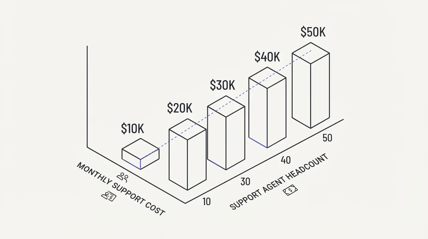 Bar chart showing support cost rising in step with headcount under per-agent seat pricing