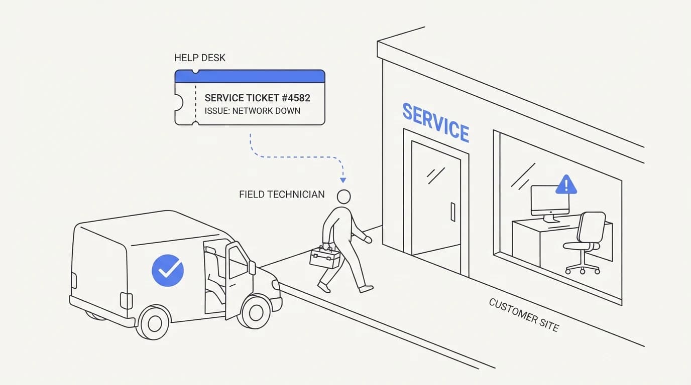 A field technician dispatched from a helpdesk ticket, representing Freshdesk field service strength