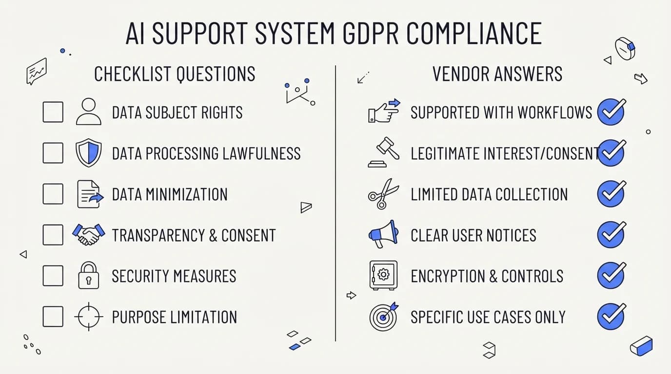Checklist of GDPR questions for an AI support system next to a vendor answering each one