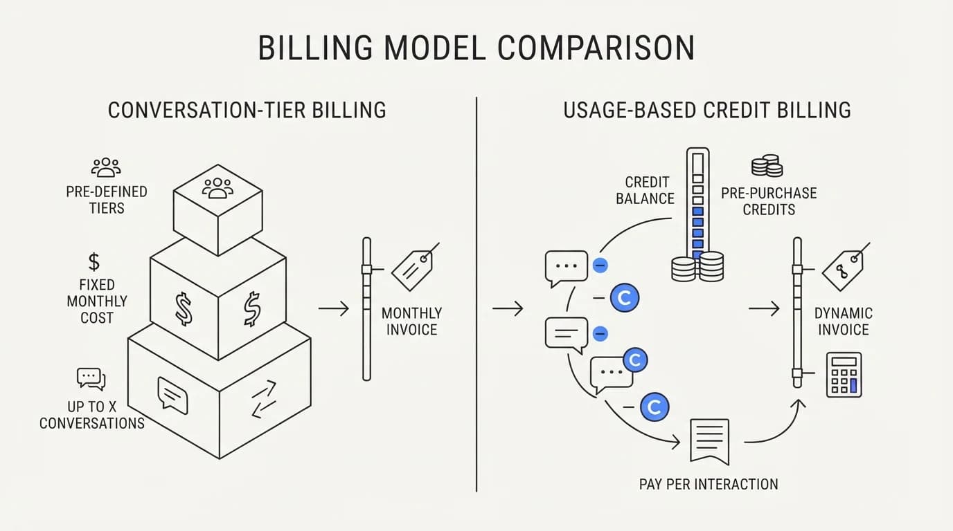 Contrasting conversation-tier billing with usage-based credit billing for customer support