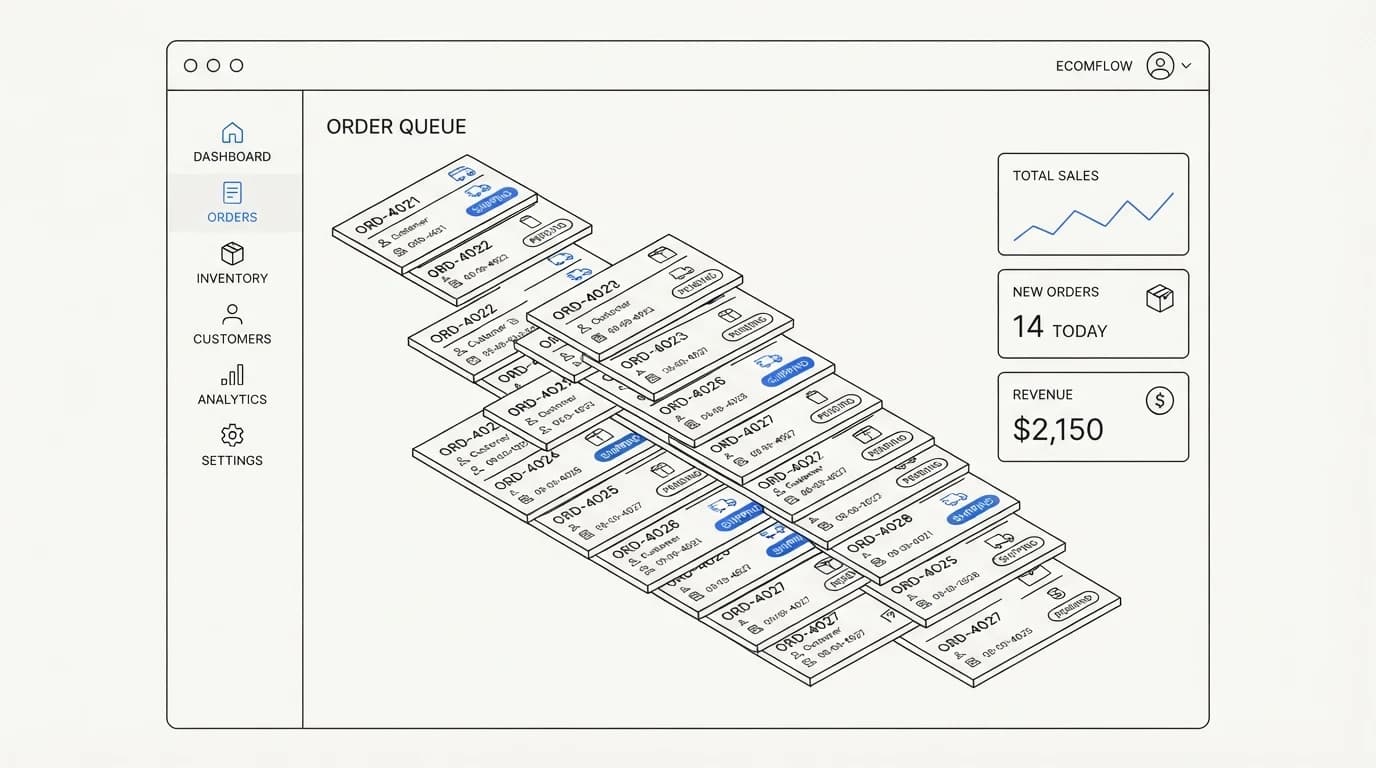An ecommerce store dashboard with order-status tickets dominating the queue
