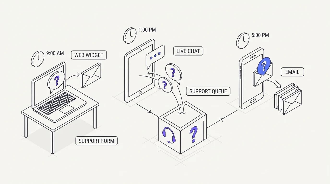 Healthcare support questions arriving through a web widget, live chat, and email at different times of day