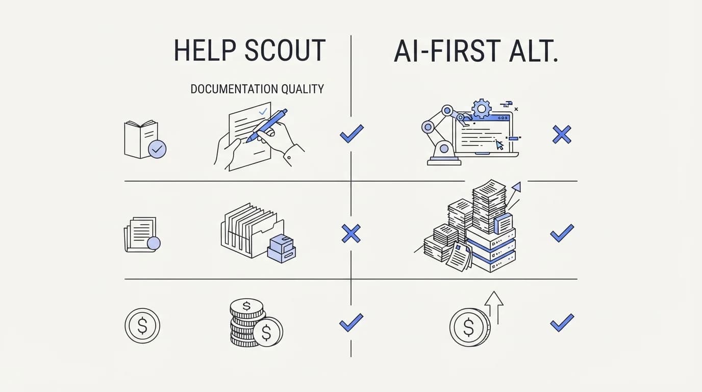 Checklist weighing Help Scout against an AI-first alternative across documentation quality, volume, and pricing