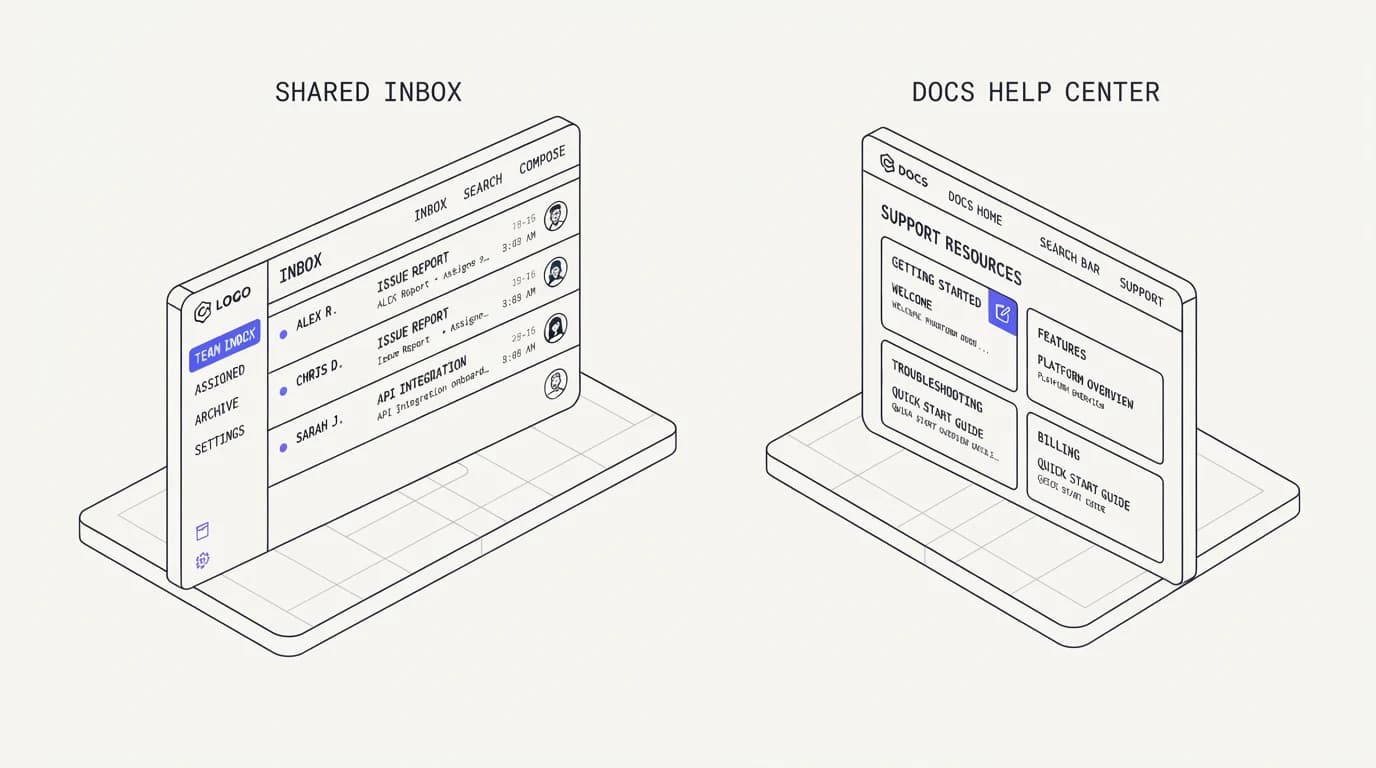 A polished shared inbox interface with a well-maintained Docs help center beside it