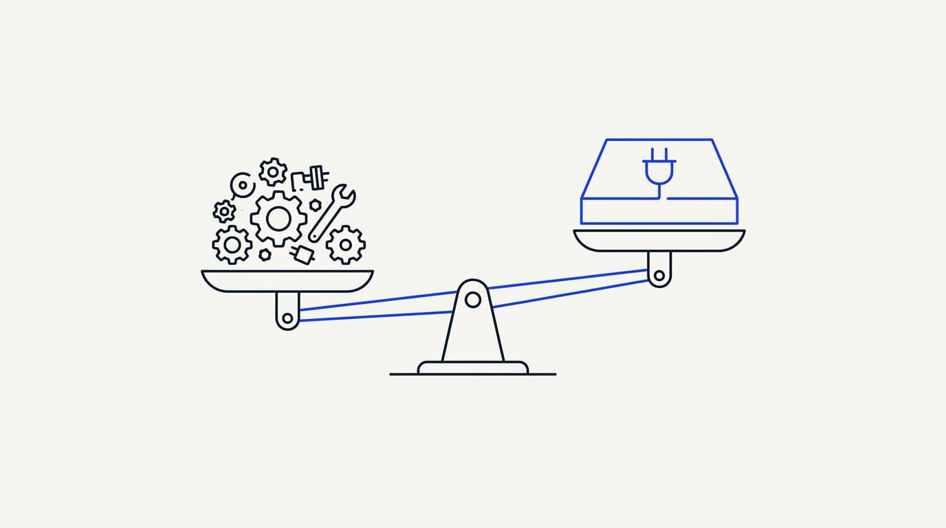 Line-art balance weighing building an AI support agent from scratch against buying a purpose-built platform