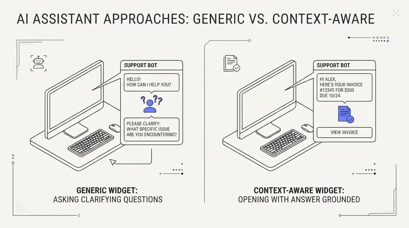 Comparison of a generic widget asking clarifying questions versus a context-aware widget opening with the answer already