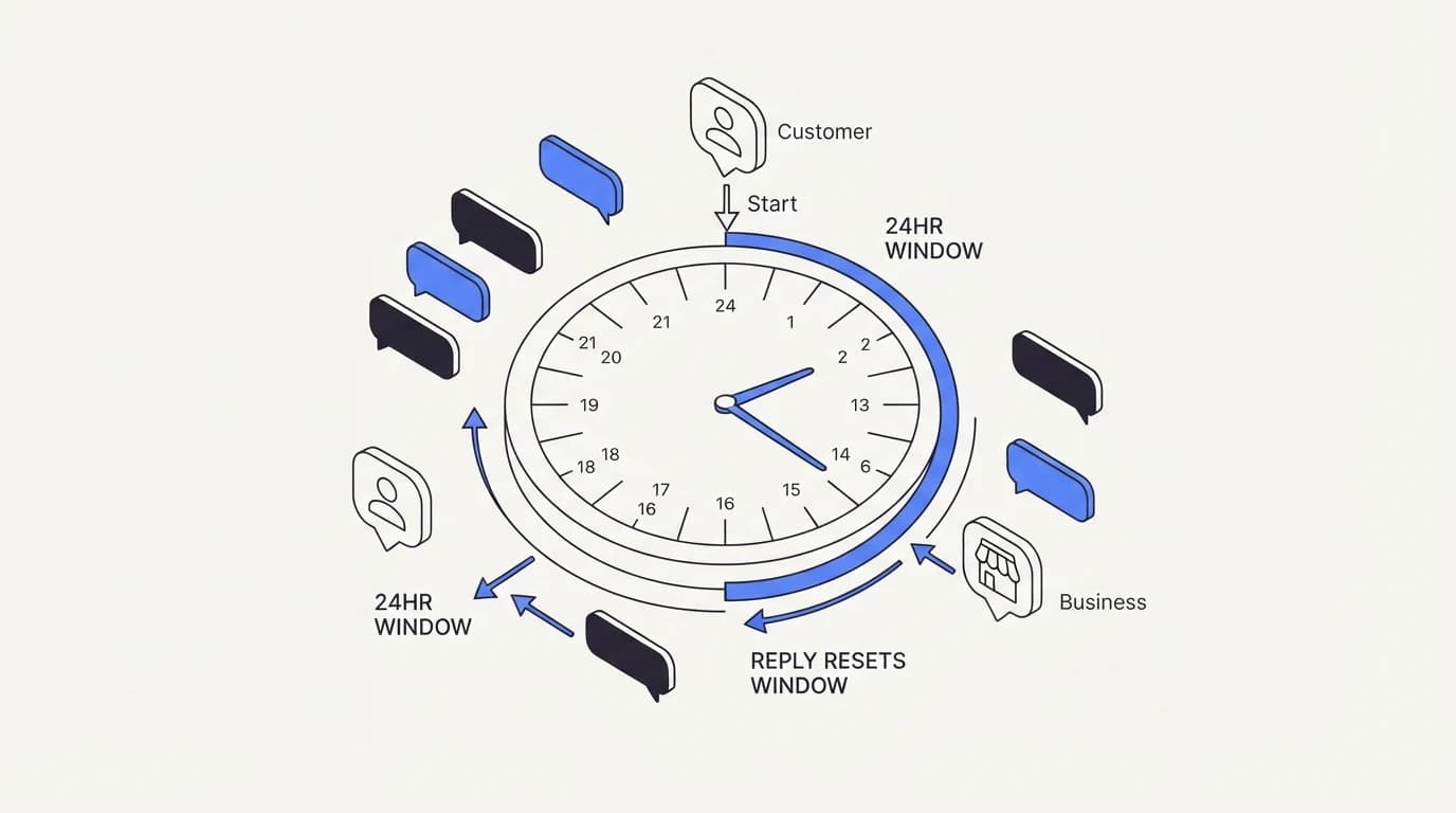 Clock diagram showing the 24-hour Instagram messaging window opening on a customer message and resetting on each reply