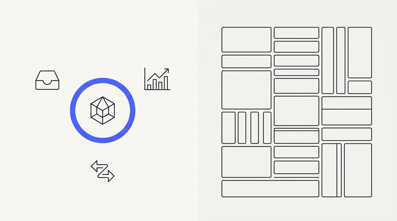 Line-art comparison of an AI-agent-first platform built around one agent versus an incumbent suite with many modules