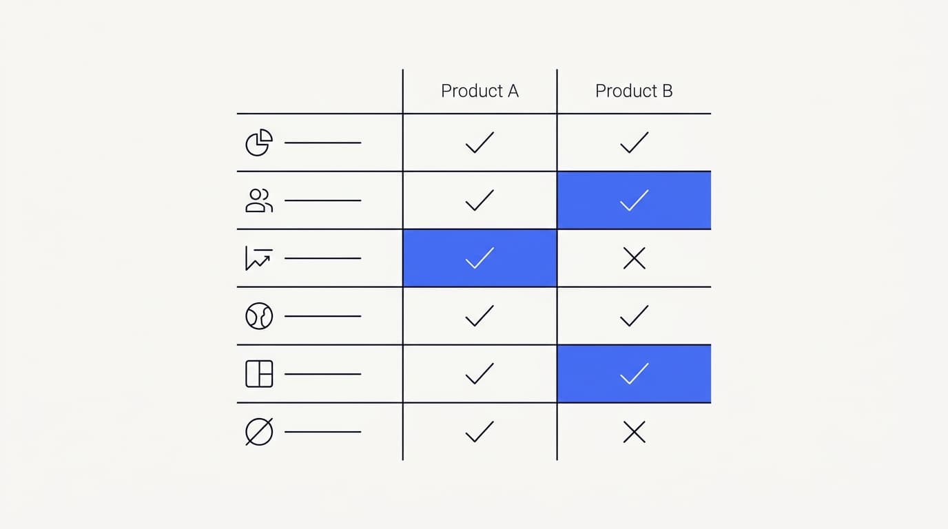 Line-art scorecard for comparing an AI-agent platform against an incumbent support suite across weighted criteria