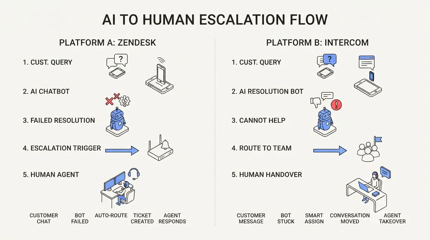Side by side escalation flow diagram showing how a failed AI resolution reaches a human agent in each platform