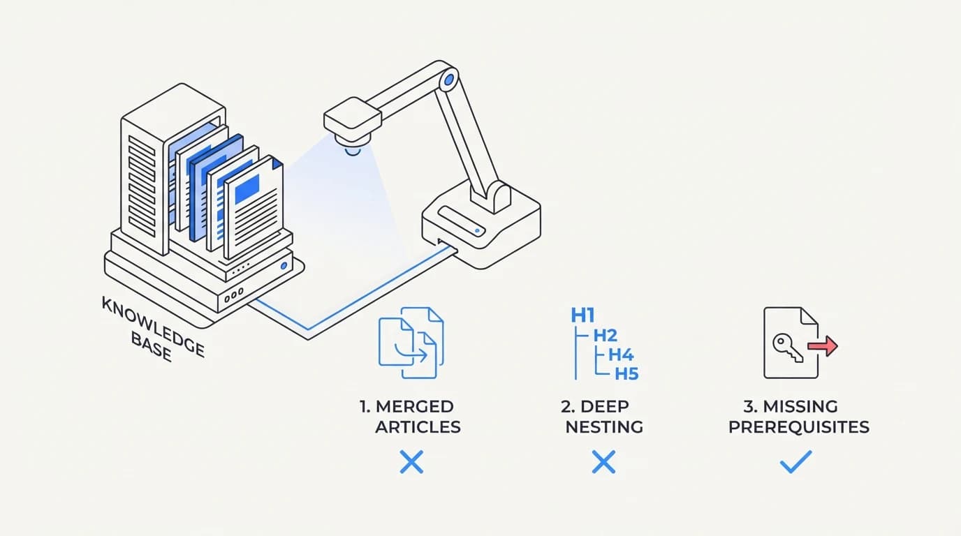 An audit checklist scanning a knowledge base for merged articles, deep heading nesting, and missing prerequisites